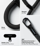 Holder Link Flow Finger Ring - Close-up views of a black polyester strap, zinc alloy stopper, holder link, and 360-degree connector.
