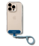Holder Link Flow Finger Ring - Clear phone case with a blue adhesive anchor and a matching blue braided finger strap.