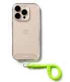 Holder Link Flow Finger Ring - Smartphone in a clear case attached to a neon green braided cord finger loop strap.