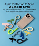 Holder Link Flow Finger Ring - A clear phone case surrounded by colorful, braided finger ring straps on a blue background.