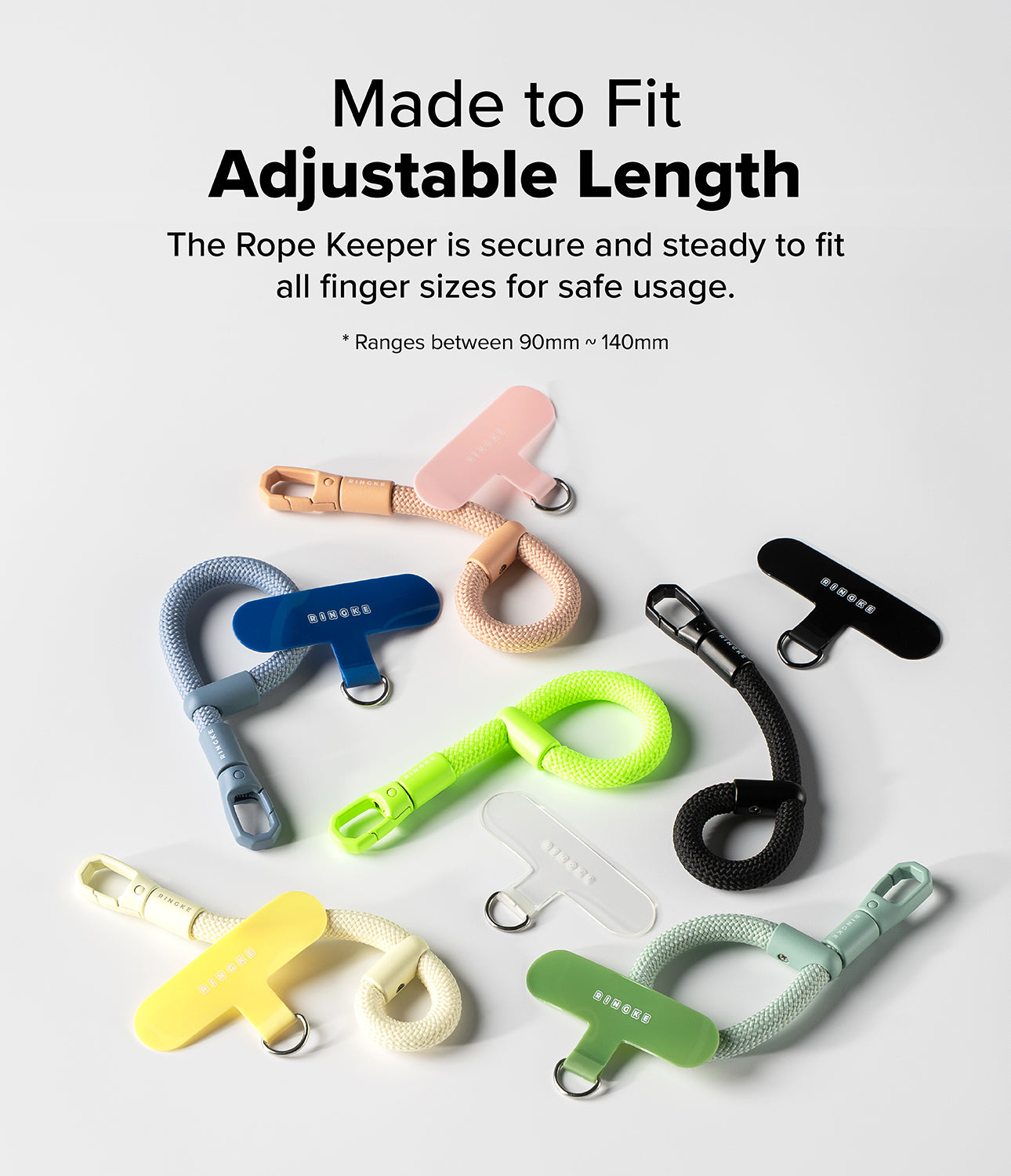 Holder Link Flow Finger Ring - Colorful adjustable rope finger straps with T-shaped phone anchors on a white background.