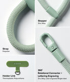 Holder Link Flow Finger Ring - Close-up views of sage green polyester strap, zinc alloy stopper, connector, and TPU link.