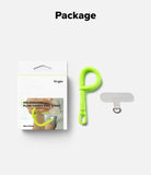 Holder Link Flow Finger Ring - Neon green finger strap, clear phone anchor, and retail packaging box.
