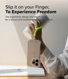 Holder Link Flow Finger Ring - A hand holds a white tumbler with a neon green finger strap attached to a clear phone case.