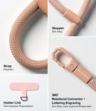 Holder Link Flow Finger Ring - Close-up views of a pink polyester strap, zinc alloy stopper, holder link, and swivel clip.