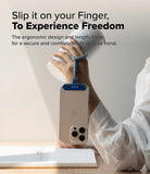 Holder Link Flow Finger Ring - A blue finger strap attached to a smartphone case, held by a hand also gripping a white tumbler.