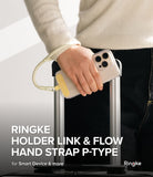 Holder Link Flow Hand Strap P-Type - A person holding a phone with a cream-colored wrist strap attached to a luggage handle.