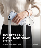 Holder Link Flow Hand Strap P-Type - Person holding a phone with a white rope wrist strap attached to a luggage handle.