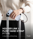Holder Link Flow Hand Strap P-Type - A person wearing a beige sweater holds a phone with a grey wrist strap attached.