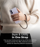 Holder Link Flow Hand Strap P-Type - Person wearing a beige sweater holding a phone with a gray braided wrist strap attached.
