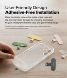 Holder Link Flow Hand Strap P-Type - Hand placing a white strap anchor into a clear phone case with colorful options.