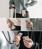 Holder Link Flow Shoulder Strap Y-Type - Collage showing a phone worn on a neck strap, held in a pocket, and used by hand.