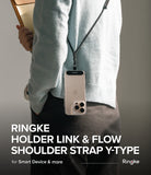 Holder Link Flow Shoulder Strap Y-Type - Person wearing a Y-shaped black phone strap attached to a clear smartphone case.