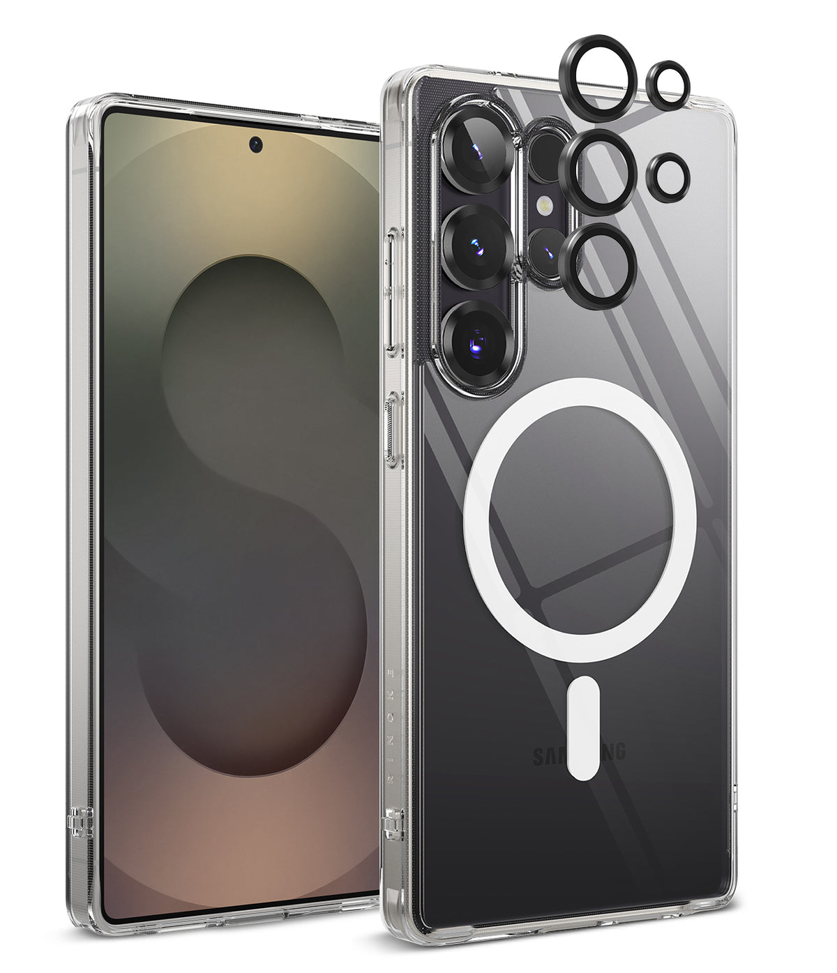 [Bundle] Galaxy S25 Ultra | Fusion Magnetic - Galaxy S25 Ultra | Fusion Magnetic - Clear phone case with magnetic ring and separate black camera lens protectors.