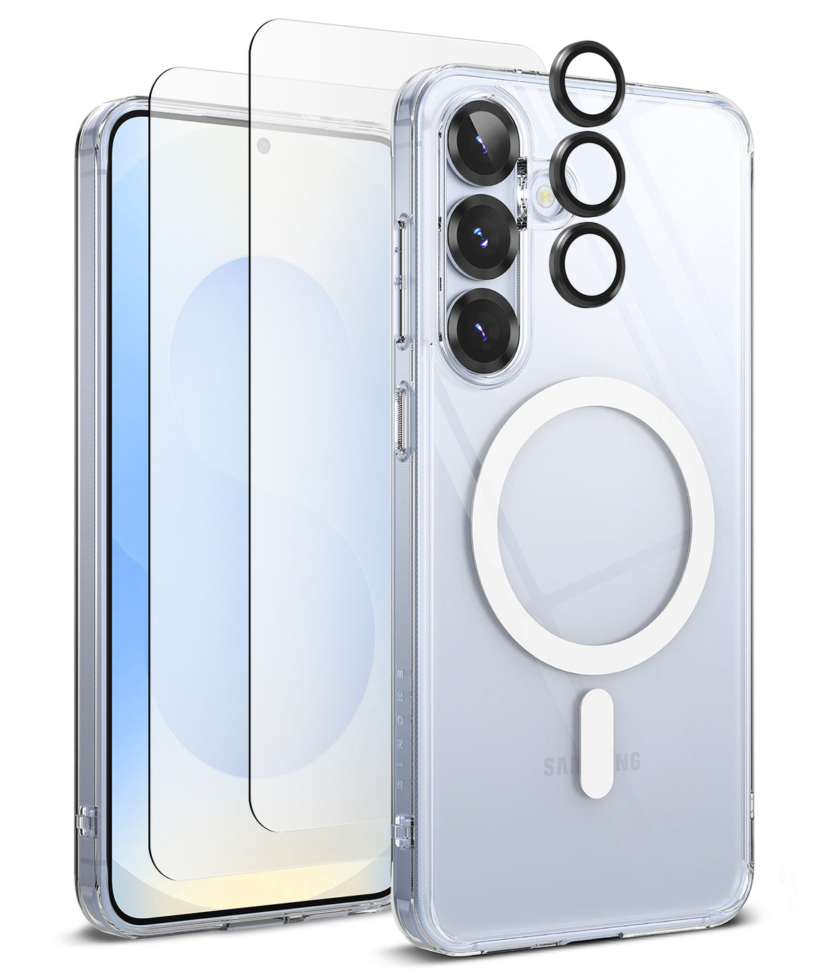 [Bundle] Galaxy S25 | Fusion Magnetic - Galaxy S25 | Fusion Magnetic - Clear phone case with magnetic ring, screen protector, and camera lens covers.