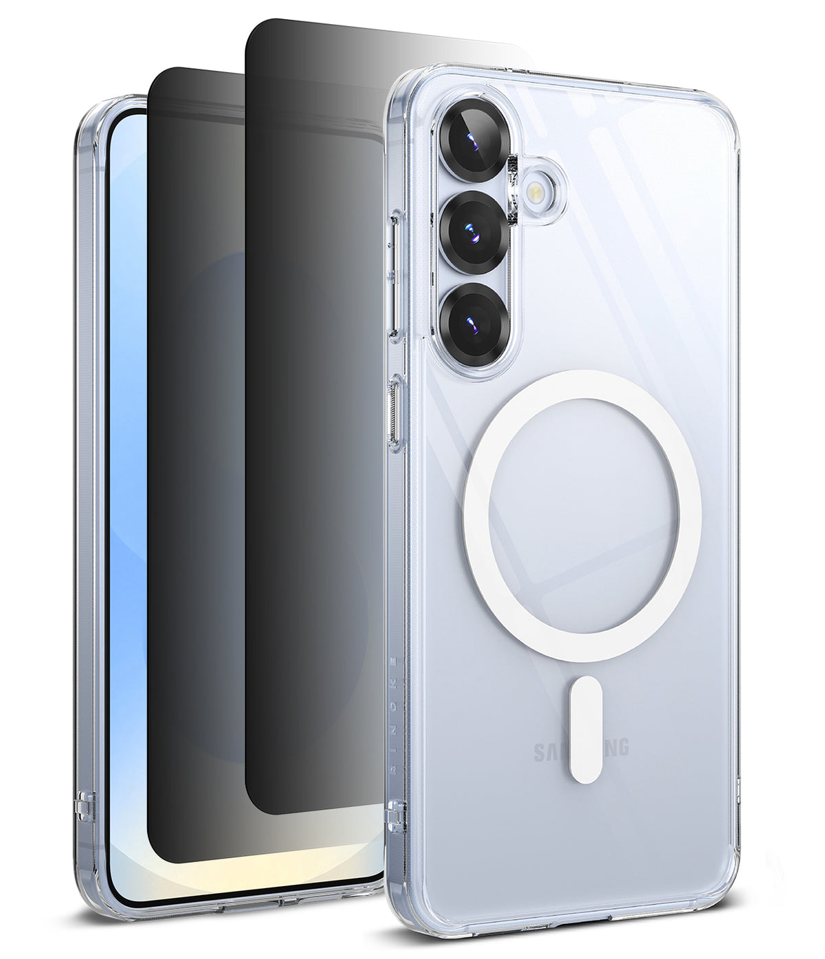 [Bundle] Galaxy S25 | Fusion Magnetic - Bundle: Galaxy S25 | Fusion Magnetic - Clear phone case with white magnetic ring and screen protector on a Galaxy S25.