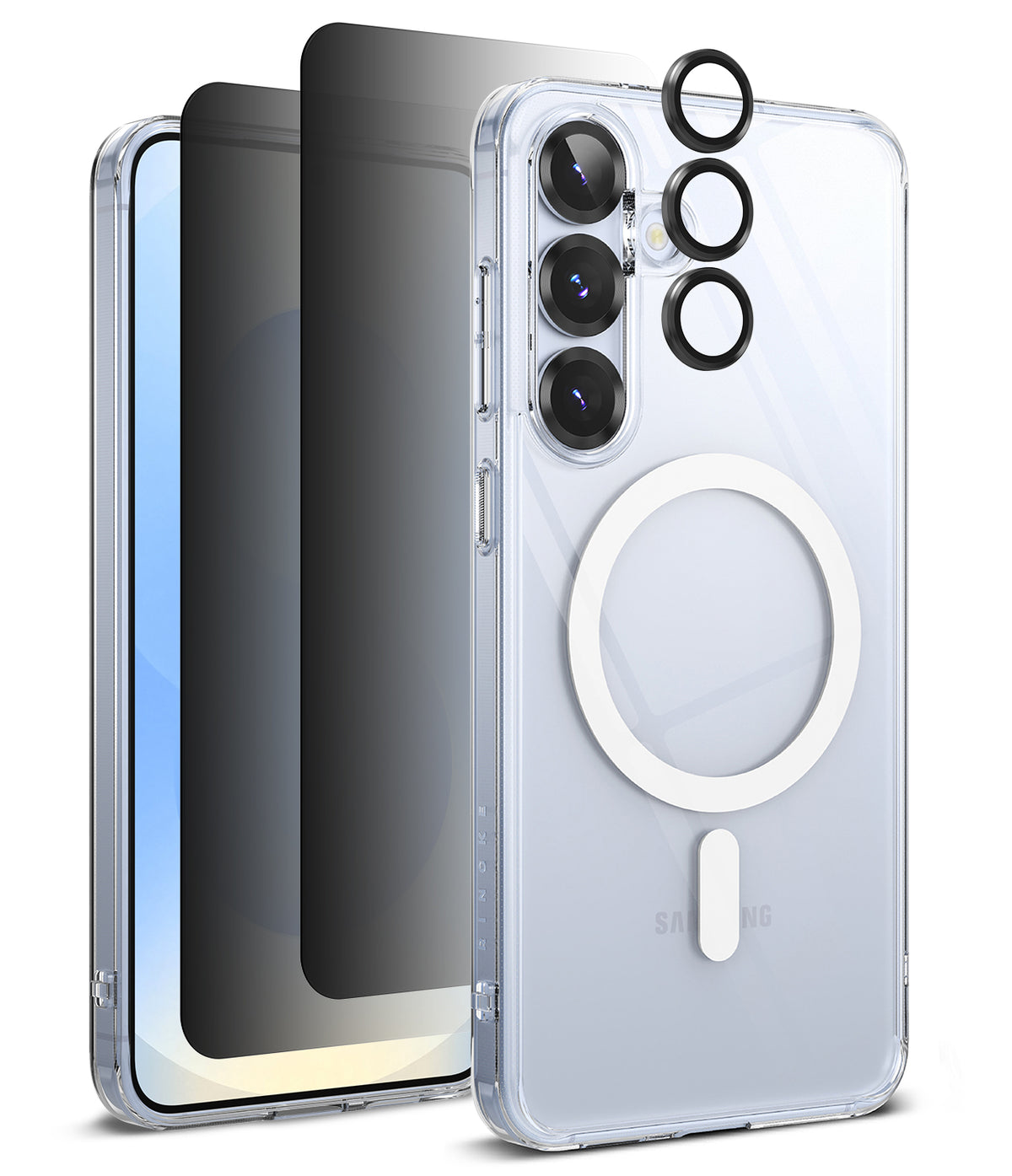 [Bundle] Galaxy S25 | Fusion Magnetic - Clear phone case with magnetic ring, screen protector, and camera lens covers.