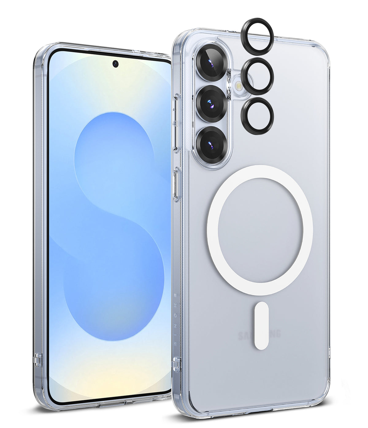 [Bundle] Galaxy S25 | Fusion Magnetic - Clear phone case with magnetic ring and three black camera lens protectors.
