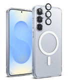 [Bundle] Galaxy S25 | Fusion Magnetic - Clear phone case with magnetic ring and three black camera lens protectors.