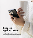 Finger Ring Strap [2 Pack] - Person holding a smartphone with a black finger ring strap while holding a white coffee mug.