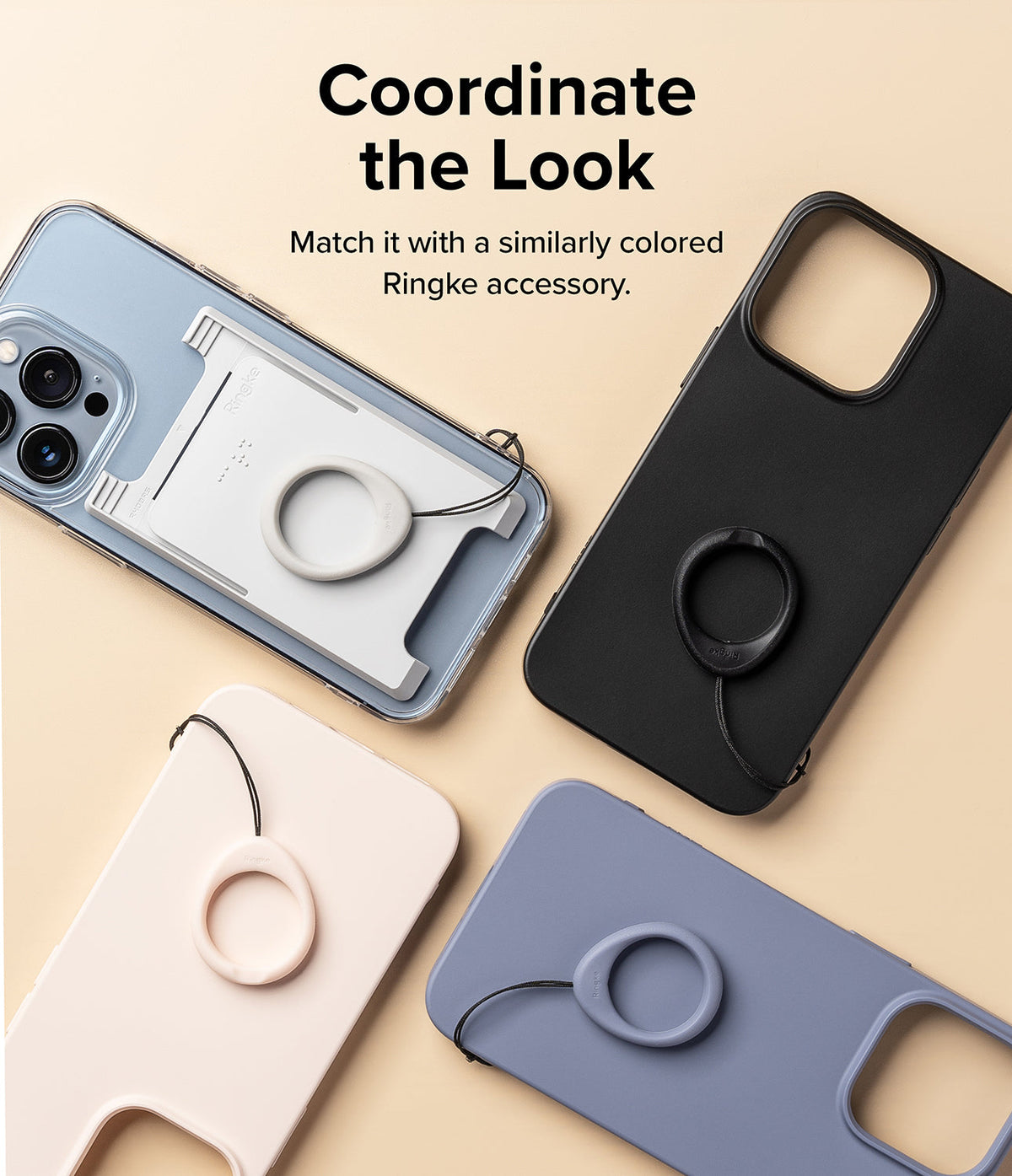 Finger Ring Strap [2 Pack] - Four smartphones with matching colored finger ring straps attached on a beige background.