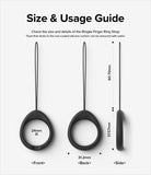 Finger Ring Strap [2 Pack] - Technical diagram showing front, back, and side views with dimensions for a black silicone ring.