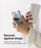 Finger Ring Strap [2 Pack] - Person holding a phone with a finger ring strap and card holder while holding a white mug.