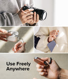 Finger Ring Strap [2 Pack] - Collage showing finger straps attached to a camera, earbud case, wallet, and car key fob.