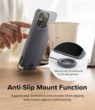Finger Ring Strap [2 Pack] - A gray smartphone case propped up on a desk using a circular finger ring strap as a stand.
