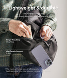 Finger Ring Strap [2 Pack] - Person holding a purple phone via a silicone finger ring strap attached to a black backpack.