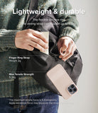 Finger Ring Strap [2 Pack] - A person holding a pink silicone finger ring attached to a smartphone hanging from a black bag.