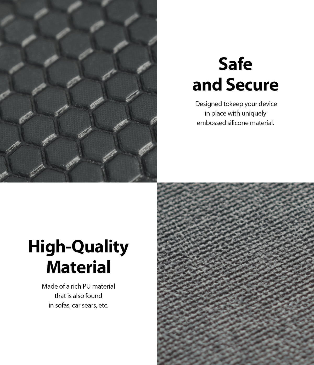 Folding Stand 2 - Close-up of embossed silicone honeycomb texture and high-quality gray PU material with descriptive text.