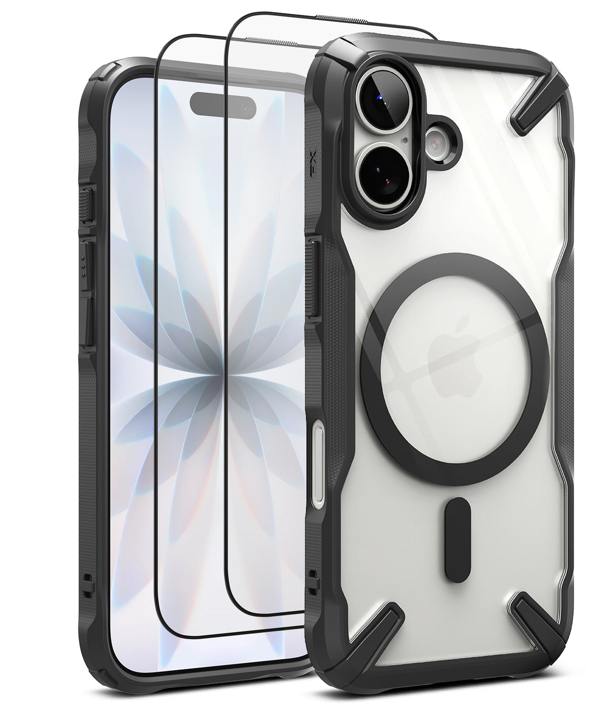 [Bundle] iPhone 17 | Fusion-X Magnetic - iPhone 17 with a clear, black-framed magnetic protective case and two glass screen protectors.