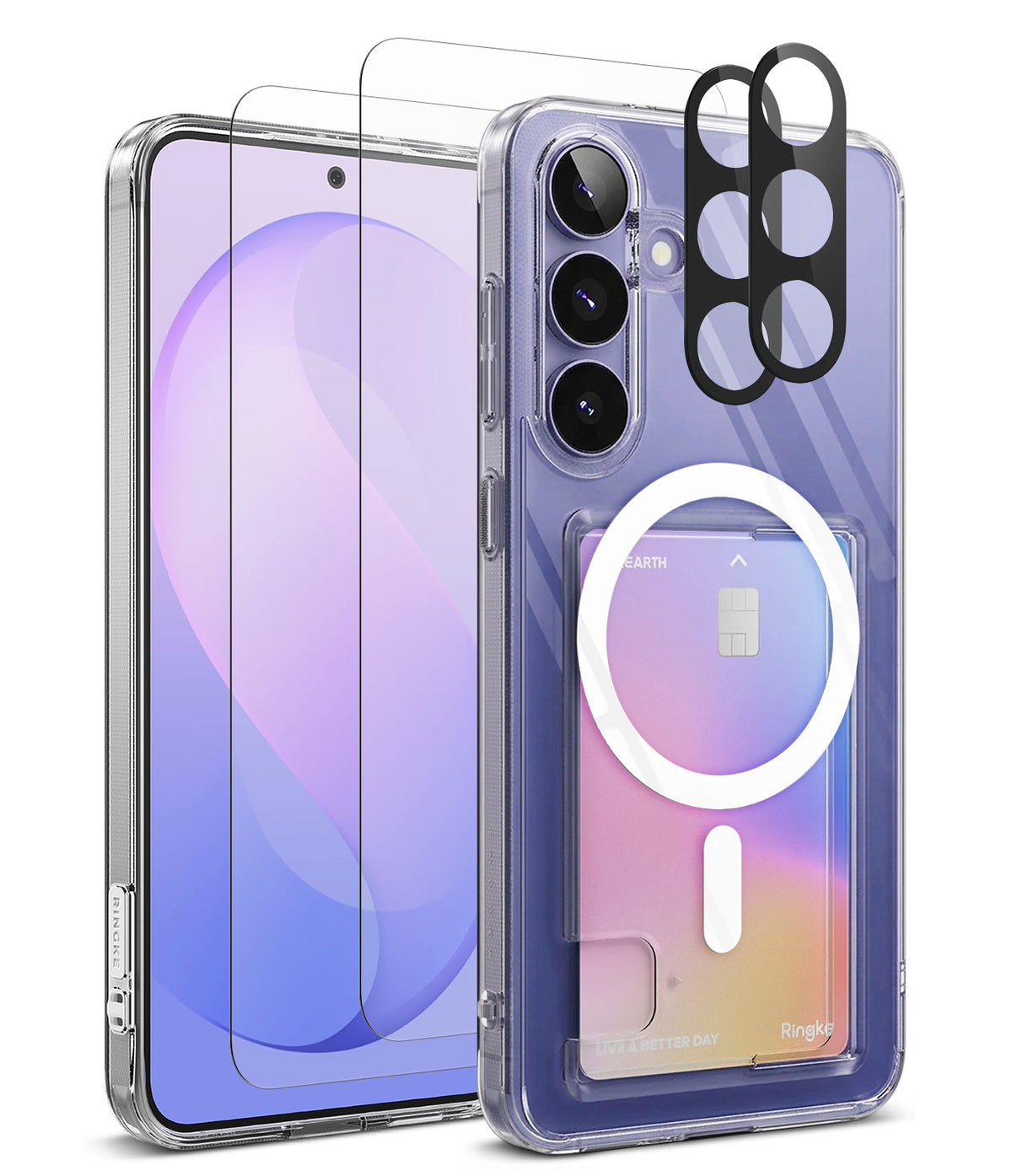 Bundle 15% Galaxy S26 FE Case + Screen / Camera Protectors | Fusion Card - A clear MagSafe-compatible phone case shown on a smartphone, with a transparent screen protector and a black camera lens protector overlay, displayed against a clean white background.