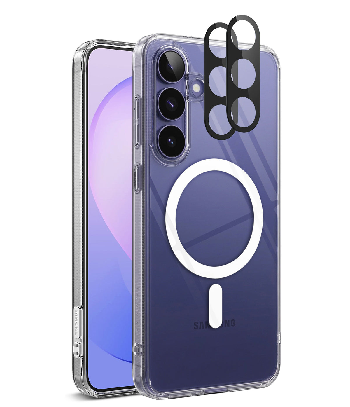 Bundle 15% Galaxy S26 FE Case + Screen / Camera Protectors | Fusion Magnetic - A clear protective phone case with a white MagSafe ring on the back, shown on a blue-purple smartphone. The case includes black camera lens protectors, displayed against a clean white background.