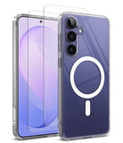 Bundle 15% Galaxy S26 FE Case + Screen / Camera Protectors | Fusion Magnetic - A clear protective phone case with a white MagSafe ring on the back, shown alongside a phone displaying a purple wallpaper and a separate clear screen protector, on a white background.