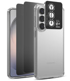 [Bundle] Galaxy S26 | Fusion - Galaxy S26 | Fusion - Clear phone case with a black camera lens protector being applied to a Galaxy S26 smartphone.