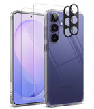 Bundle 15% Galaxy S26 FE Case + Screen / Camera Protectors | Fusion - Clear protective phone case with a black camera lens protector overlay, shown on a Samsung smartphone from both front and back angles against a white background.