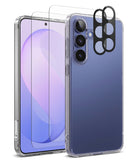 Bundle 15% Galaxy S26 FE Case + Screen / Camera Protectors | Fusion Matte - Clear protective phone case shown on a smartphone from the back, with two transparent screen protectors and a black camera lens protector accessory displayed alongside on a white background.