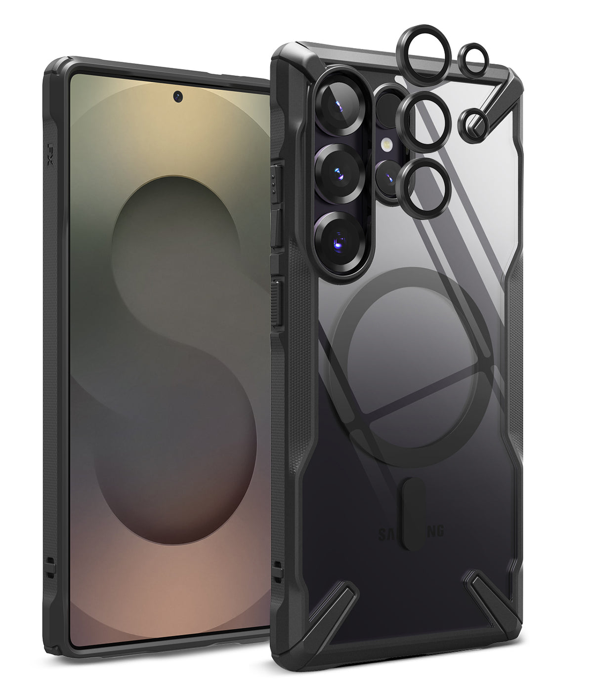 [Bundle] Galaxy S25 Ultra | Fusion-X Magnetic - Galaxy S25 Ultra in a black magnetic clear case with lens protectors.