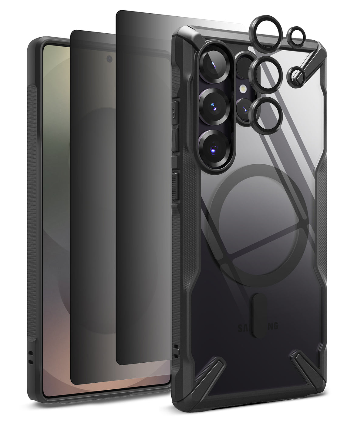 [Bundle] Galaxy S25 Ultra | Fusion-X Magnetic - Galaxy S25 Ultra | Fusion-X Magnetic - Exploded view of a black phone case with magnetic ring and lens protectors.