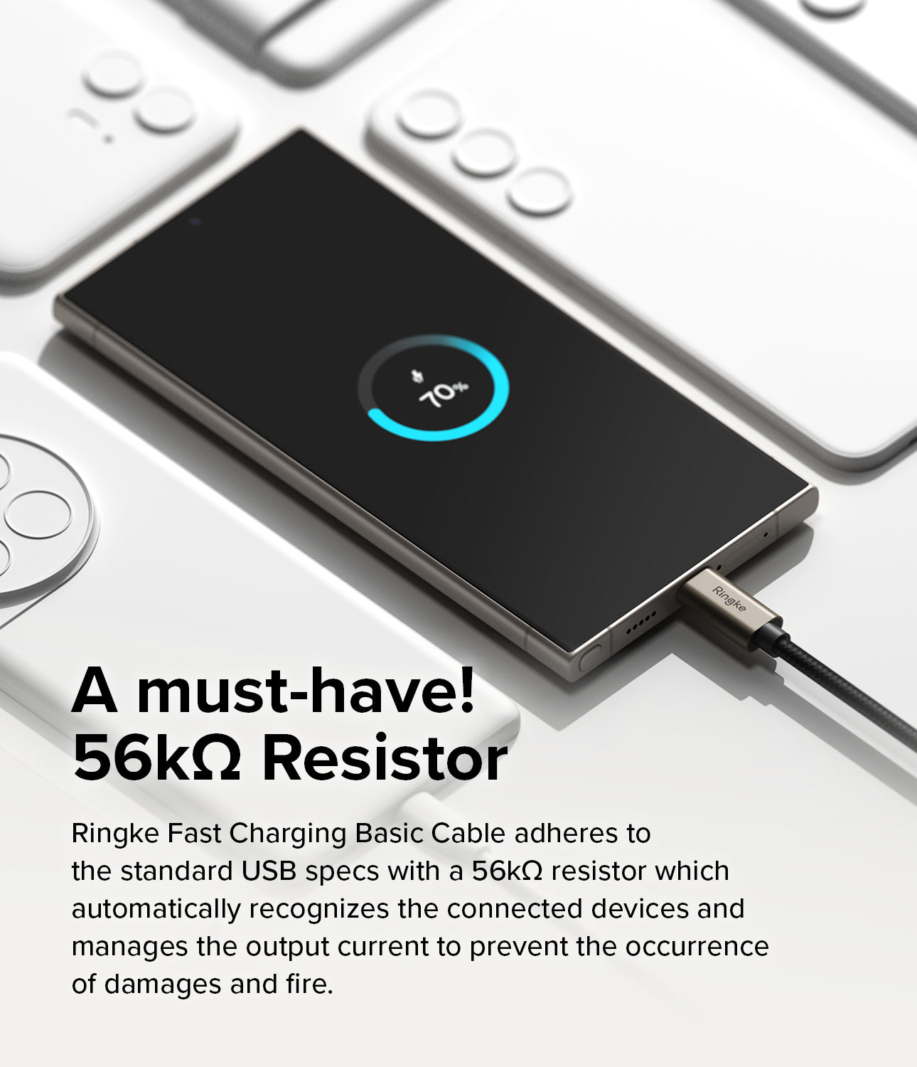 Ringke Fast Charging Basic Cable USB-A to USB-C - Smartphone charging with a Ringke cable, showing a 70% battery icon.