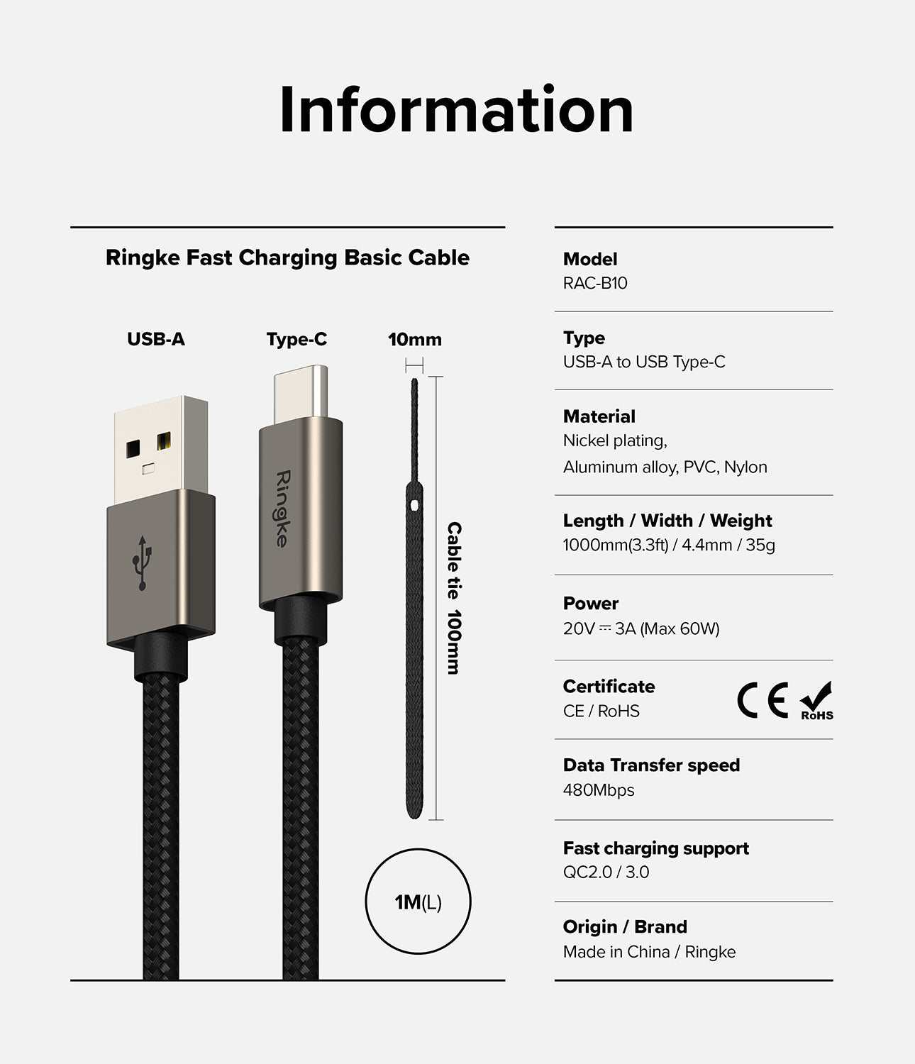 Ringke Fast Charging Basic Cable USB-A to USB-C - Technical specifications and diagram of cable connectors and tie.