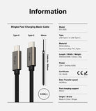 Ringke Fast Charging Basic Cable USB-C to USB-C - Infographic showing cable specifications, dimensions, and features.