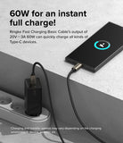 Ringke Fast Charging Basic Cable USB-C to USB-C - Braided cable connecting a wall charger to a smartphone showing 70% charge.