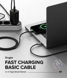 Ringke Fast Charging Basic Cable USB-C to USB-C - Braided USB-C cable connecting a wall charger to a phone and laptop.