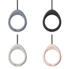 Finger Ring Strap [2 Pack] - Four oval-shaped finger ring straps in grey, black, beige, and pink with black lanyards.