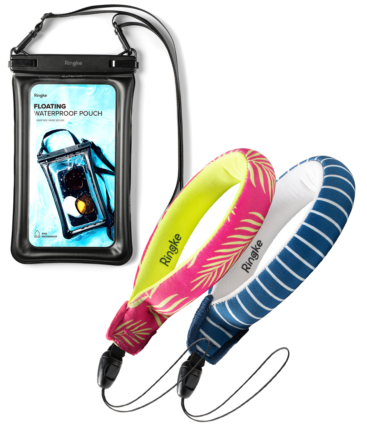 Palm Leaves / Navy Stripes Floating Strap & Floating Waterproof Pouch | Ringke floating waterproof pouch with two colorful phone straps on a white background