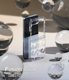 Galaxy Z Flip 7 FE Case | Fusion Design - Clear phone case with holographic lettering standing beside a blue foldable phone.