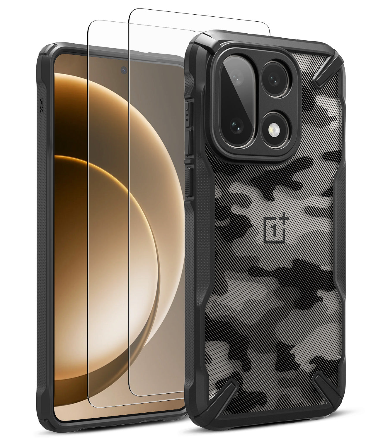[Bundle] OnePlus 15 | Fusion-X - OnePlus 15 with a black camo Fusion-X case and a glass screen protector.